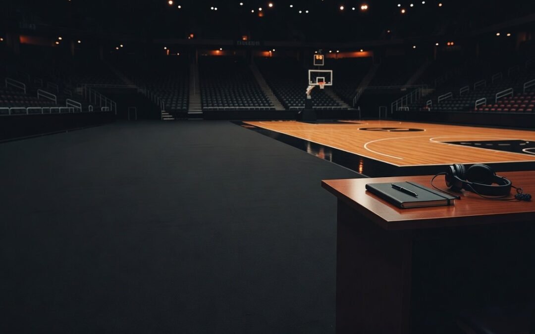 Box score 101: a courtside press table at night (illustration, AI)